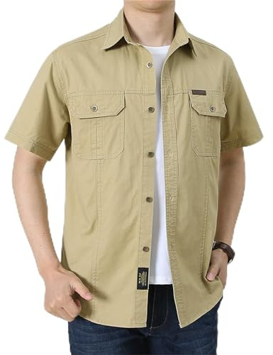 VYLYNL 100 % bomull militärskjorta män kortärmad taktiska skjortor enfärgade andningsbara lätta torra arbetsskjortor två fickor knapp ner utomhus vandring overshirts UV-skydd safari skjorta, Khaki