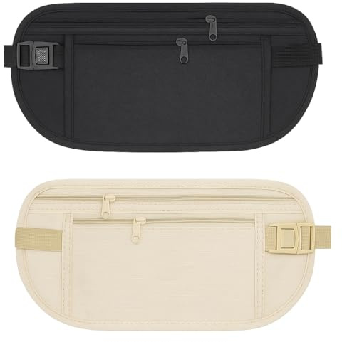2 Pcs Money Belt for Travel - Hidden Anti-Theft Waist Pouch for Men & Women - Waterproof Concealed Travel Bumbag - Adjustable Running & Walking Belt Bag (Beige & Black)