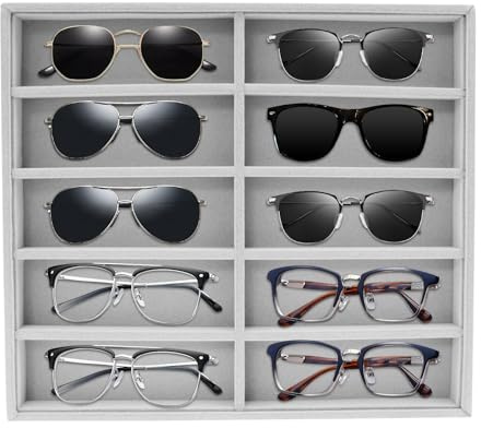 LuLobtg Sunglass Organiser Box, 10 Grid Velvet Glasses Display Case, Stackable Eyeglasses Storage Tray for Drawer, Divided Eyewear Storage Container, Sunglasses Displaying Holder for Men Women