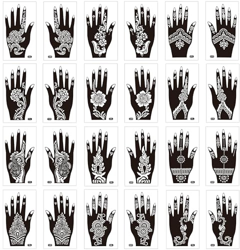 24Pcs Wiederverwendbare Henna Tattoo Aufkleber für Frauen und Mädchen - Leicht Aufzutragen Temporäre Körperkunst mit 24 einzigartigen Henna Tattoo Schablonen, Perfekt für Partys & Tägliche Dekoration