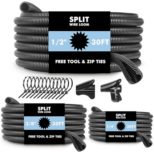 Automotive Wire Loom Flame Retardant Split Wire Loom Tubing Assortment Wiring Loom Kit Plastic Cover Electrical Covering Conduit Protective Wire Wrap Cable Sleeves Black 1/4, 1/2, 3/8 x 30 Ft