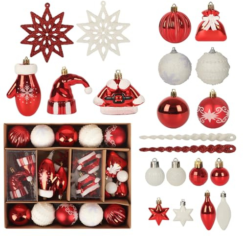 Lot de 45 boules de Noël en plastique de qualité supérieure - Rouge et blanc - 6 cm - Décoration de Noël avec crochet de suspension