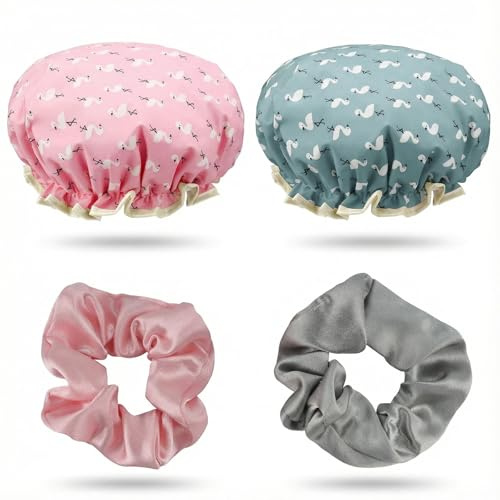 2 Pcs Waterproof Shower Caps for Women UK, Reusable Double Layers Bathroom Shower Cap for Women Men, Bath Caps with Elastic BandShower Hat for Keeping Hair Dry in Kitchen Bath, with 2 Hair Ties