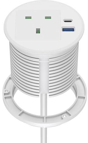 Recessed Power Socket, Haylink Desk Socket with UK Plug & 20W USB A+C | 2M Cable | 80mm Cutout | Power Grommet for Furniture, Office, Conference Room (White)