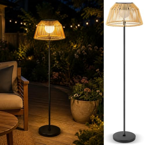 DJGIFI Solar Stehlampe Outdoor Boho, Rattan-Stil LED Windlicht Wetterfest