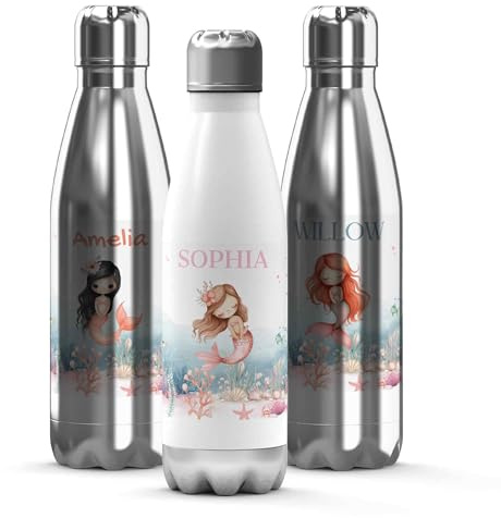 Personalised Mermaid Vacuum Flask with Name – Stainless Steel Drinks Bottle, Hot & Cold Thermal Flask, Leak Proof Design for Kids, School, Travel, Holidays & Everyday Use, Cute Custom Gift