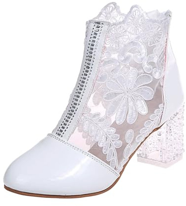 Generisch 2026 Zapatos de Mujer Elegante Encaje Flores Tacón Bloque Antideslizante Malla Rhinestone Noche Fiesta Zapatos de Novia