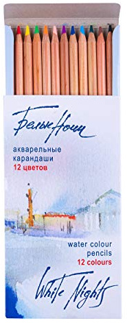 White Nights russische Aquarellstifte 12er Set im Kartonetui, holzgefasste Stifte mit hoher Farbbrillanz, weicher Farbabstrich, wasservermalbar