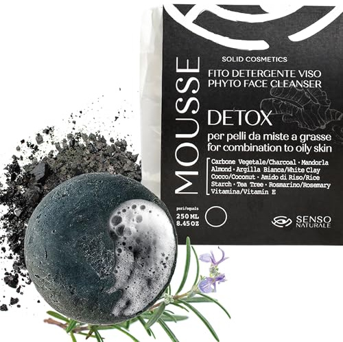 Senso Naturale Mousse Detergente Viso Solido per Pelle Grassa ed Acne, Sapone Struccante Delicato Detossinante e Purificante con Carbone Attivo, Argilla Bianca e Vitamina E, 100% Naturale e Biologico