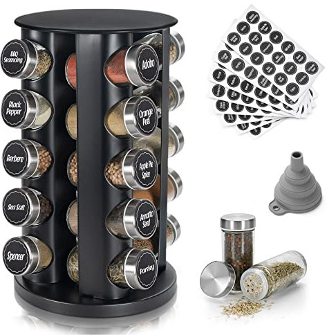 Portaspezie girevole da banco nero, organizer vuoto per 20 barattoli per spezie, torre rotonda a carosello, 135 etichette per spezie con imbuto, set completo, per piano di lavoro della cucina, armadio