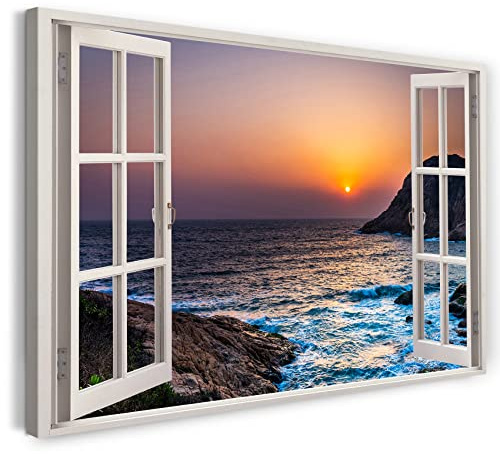 Printistico Bilder Fensterblick 80x60cm Baumwoll-Leinwand auf Keilrahmen mit Aufhänger moderner Kunstdruck XXL Wandbilder Wand-Dekoration Sonnenuntergang Meer Klippen Wasser Strand - Natur-Fotografie