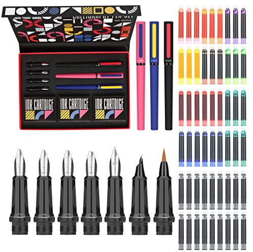 GC QUILL Calligraphy Pens Set 64pcs - Calligraphy Fountain Pen Set with 3 Fountain Pens, 7 Varied Nibs, 54 Ink Cartridges(10 Colors) - Writing, Drawing and Calligraphy Practice for beginner GC-F354