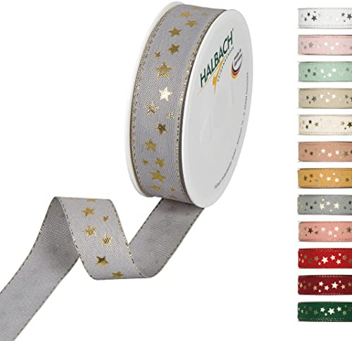 Halbach Weihnachtsband mit Sternen, 25 mm x 18 m, grau/gold | Waschbares Schleifenband in Baumwolloptik, Made in Germany, zum Verpacken und Dekorieren von Weihnachtsgeschenken