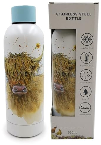 Puckator BOT205 Jan Pashley Highland Coo Cow Reusable Stainless Steel Hot & Cold Thermal Insulated Drinks Bottle 530ml