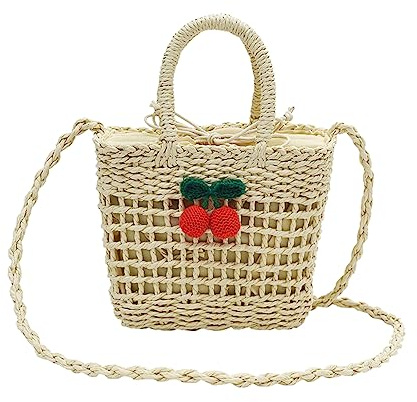 NICOLE & DORIS Straw Handbags Crossbody Bags for Women Summer Beach Bag Mini Rattan Bag Girls Messenger Bag Phone Bags Cute Clutch Bag Bucket Bag Beige+Cherry