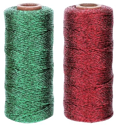 JIHUOO 2 Rolls 1.5mm Thin Metallic Cord Tinsel Cord Rope Christmas Twine Ribbon Ornaments Hanging String Gift Wrapping Twine String Hair Braiding Rope Bracelet Beading Thread Red and Green