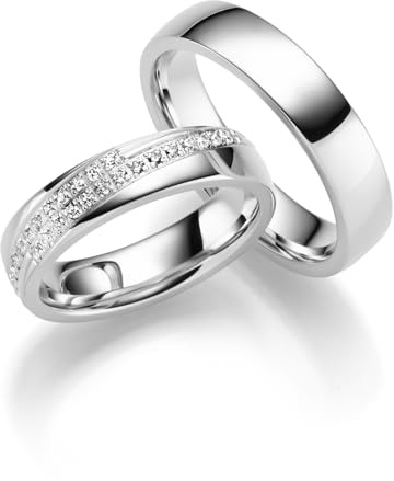 JC Trauringe aus 925 Sterling Silber | Paar-Preis Ehe-Ringe mit kostenfreier Gravur Partnerringe Verlobungsringe 5 mm breit inkl. Etui-Box I Herren-Ring ohne & Damen-Ring mit Zirkonia-Steinen IT19-S