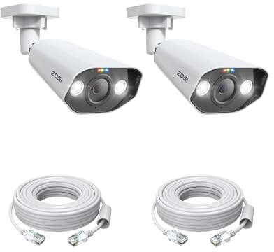 ZOSI 2 telecamere 4K PoE Add-on con cavi Ethernet, rilevamento persona/veicolo, audio a 2 vie, visione notturna, sirena riflettore, 8 MP, resistente alle intemperie, telecamera di sicurezza IP per