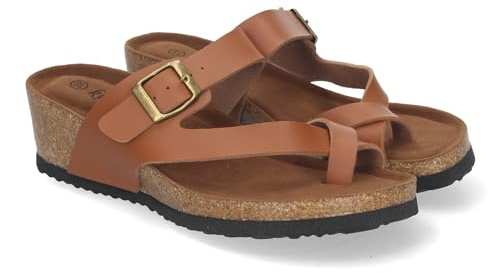 83048 Sandalia de Cuna Bio, para Mujer, Comodas, con Pala Tipo Esclava, Talon Abierto y Cierre de Hebilla. Camel Talla 38