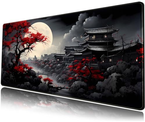 Riverside Full Moon Japanese Desk Mat - Large Black Red Gaming Mousepad XXL Keyboard Pad 31.5 x 11.8 in - Extended Mouse Pad for Laptop Computer Office Desk Decor