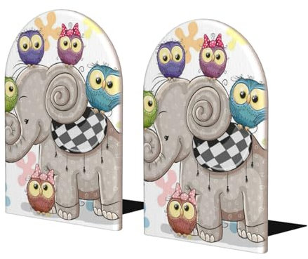 Buchstützen aus Holz mit Cartoon-Elefanten und Eulen, Blumenmuster, 2 Stück, große Buchstützen für Buchliebhaber und Organizer