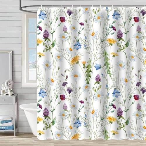 FAIRYGATE Garden Shower Curtain Watercolor Floral Shower Curtains Flowers Leaves Bathroom Curtain 180 x 180 cm Waterproof Mildew & Mould Resistant Polyester Fabric Bath Curtain with 12 Hooks B8115
