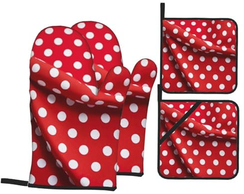 Rich&Rabbit Set di guanti da forno e presine con stampa a pois bianchi rossi, resistenti al calore, antiscivolo, adatti per cucinare, grigliare, cuocere al forno