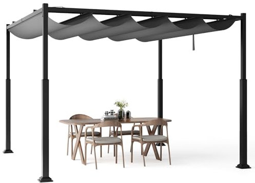 COSTWAY 3.1m X 3.1m Metal Pergola with Retractable Roof, Large Garden Pergola with Sun Shade Canopy, Outdoor Heavy-Duty Grape Trellis Gazebo for Patio Party BBQ (Grey+Black)