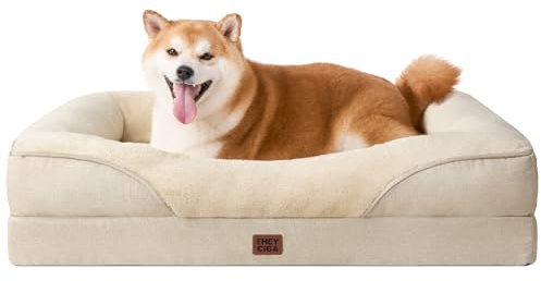 EHEYCIGA Cama Ortopedica y Viscoelastica para Perro Grande 91x68x17.5 cm, Memory Foam Sofa para Perros Lavable, Cama Gato Suave, Beige