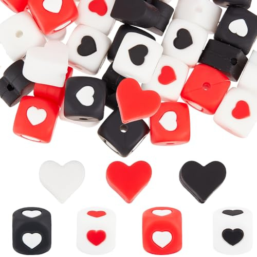 SUNNYCLUE 1 boîte de 42 pièces de 7 styles de Perles en Silicone en Forme de Cœur Carré en Vrac Petites Perles en Plastique Rouges et Blanches en Forme de Cube Perles en Vrac Souples pour Bracelets Co
