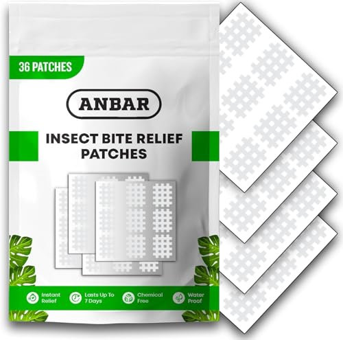 Anbar Bug Bite Itch Relief Patches to Relieve Itchy Irritation and Swelling, Mosquito, Tick, Midge, Fly, and Sandfly Post-Bite Skincare, Natural Deet-Free Patch, 36 Pcs, Clear
