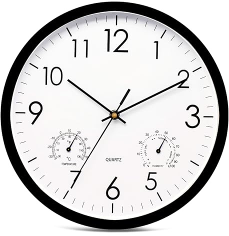 hurifeng Väggklocka med temperatur- och fuktdisplay, 30 cm kvartsur för vardagsrum, sovrum, kök, badrum – svart/vit, ljudlös, minimalistisk, plasthölje, glasfront (svart)