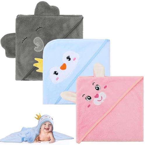 Kaisibum 3 Stück kapuzenhandtuch Baby,Baby Handtuch mit Kapuze - Korallenplüsch Badetuch 80 x 80 cm,weich und saugfähig, Bademantel aus Korallenvlies für Unisex(Grau,Blau,Rosa)