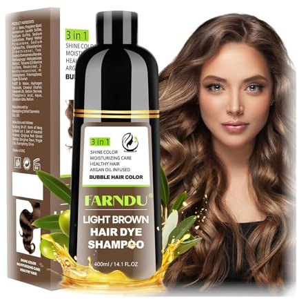 FARNDU Light Brown Hair Dye Shampoo 3 in 1 with Argan Oil – 10-15 Min Gray Coverage, Natural Instant Hair Color Shampoo for Women and Men, Ammonia & Paraben Free, Long-Lasting Up to 6 Months
