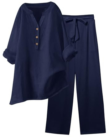 2 Pieces Ensemble Femme Pantalon Et Haut Fluide Grande Taille Chemise Manches Longues Col V avec Bouton Pantalon Ample Taille Elastique Couleur Unie Casual de Plage Vacances Quotidien Suit