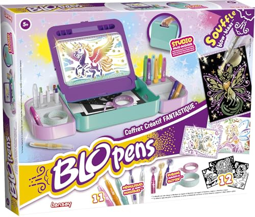 Lansay - BLOPENS Cofanetto Fantastico - Set Disegno Bambini dai 5 Anni con Pennarelli a Soffio - Effetto Aerografo e Glitter con Stencil e Accessori - attività Creativa Idea Regalo Magica
