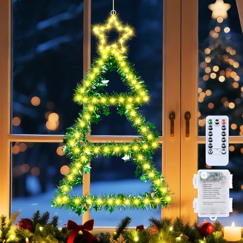 Qoosea Luci per Finestre Albero di Natale a Batteria 110 LED Decorazione Luminese Pieghevole per Finestre 8 Modalità Timer Telecomando IP65 Impermeabile per Parete Albero di Natale Interno Esterno