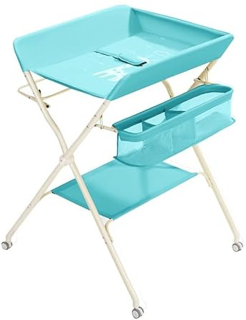 Sinyuyong Cambiador de bebé con bañera, estante plegable for juguetes, 5 alturas ajustables y cestas de almacenamiento(Blue)