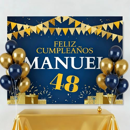 Cartel Feliz Cumpleaños, (Nombre y Edad Personalizable), Tamaño 100x80cm, Papel 180gr, Decoración de Fiestas, Azul y Dorado