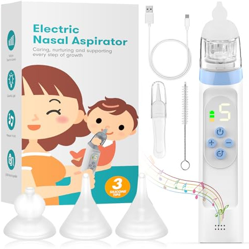 Aspirador nasal para bebé eléctrico con 5 niveles de succión, aspirador nasal eléctrico con pantalla, recargable por USB, con 3 boquillas de silicona y pinzas, función musical y luces de colores