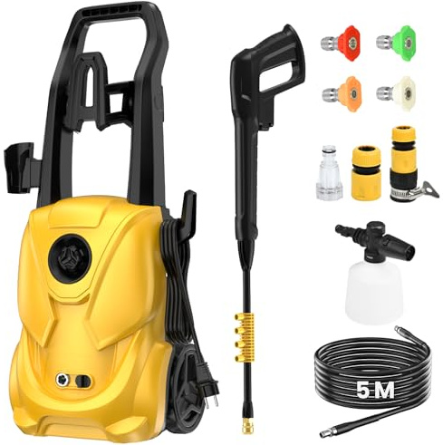 Hidrolimpiadora de Alta Presión, 2000W 180Bar Hidrolimpiadora Eléctrica con 5 Boquillas y Espumador, Caudal: 680 L/H, Hidrolimpiadora Portátil para Limpieza de Coche, Patio, Jardín y Piscina