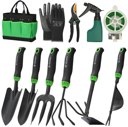 Velway Ensemble d’Outils de Jardinage 11 Pièces en Acier Inoxydable | Outils Robustes avec Poignées Ergonomiques, Antirouille, avec Sac de Rangement, Cadeaux pour Femmes et Hommes Vert