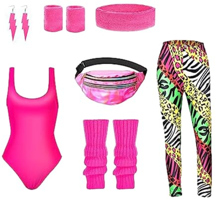 80er-Jahre-Trainingskostüm für Damen, Retro-Activewear-Set, bequeme Jogging-Leggings, Badeanzug, Beinstulpen, Stirnband, Armband, Ohrringe, Bauchtasche für Aerobic, Fitness, Party, Erwachsenenkleidung