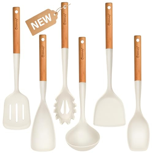 Großes Silikon-Küchenutensilien-Set, 6-teiliges antihaftendes Kochutensilien-Set mit Holzgriff, hitzebeständiges & BPA-freies Silikon-Set mit Wender, Löffel und Schöpfkelle (Weiß)