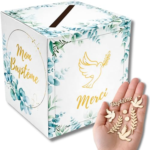 Urne Baptême pour Garçon et Fille | Boîte pour Enveloppes, Cartes & Cagnotte | Décoration Baptême ou Communion | Confettis Bois Colombe | Deco Table Champêtre - 20x20x20 cm (URNE BAPTEME)