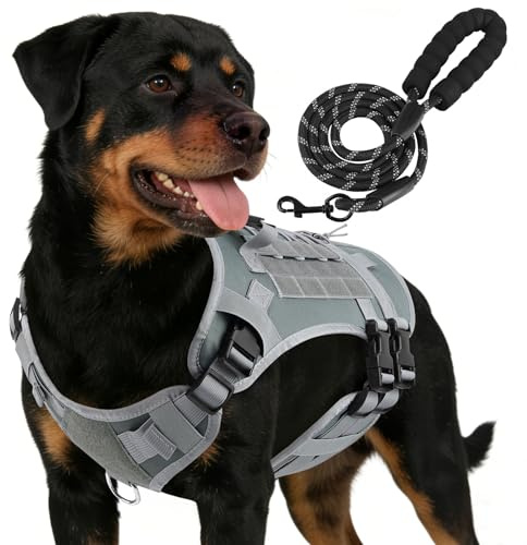 YooxArmor Hundegeschirr Grosse Hunde und Leine Set,Grau L | Taktisches Anti Zug Geschirr mit Griff & 2 D-Ringen,No Pull Verstellbar,Atmungsaktiv & Sichere Führung,Einfach Anzulegen