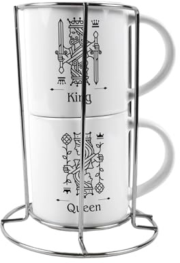 Purely Home King & Queen Stacking Mugs Set Gift - Black Playing Cards Ceramic Cups Set of 2 with Metal Stand, Classic Game Gifts for Couples