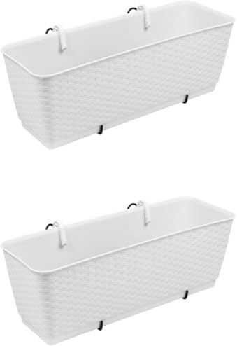 Rammento 2-Pack 50cm Long Plastic Self-Watering Hanging Plant Pots, White Rattan-Effect | 12L Hanging Balcony Planters for Railing with Water Reservoir | Rectangular Window Flower Boxes/Troughs