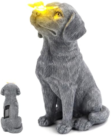 LOMUG Hund Figuren mit Schmetterling Solar Deko für Außen, Lustige Hunde Gartendeko, Solar Gartenstatuen Hundebesitzer Geschenk für Mama Geburtstagsgeschenk Wasserdicht Deko für Garten Balkon Zimmer