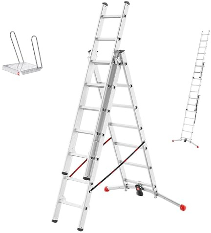 Hailo S95 HobbyLOT Kombileiter 3x7 Sprossen inkl Einhängetritt Alu 549 cm | vergrößerte Standfläche durch Einhängetritt, gleicht Unebenheiten bis 10 cm aus, verstaubar in Keller oder Garage